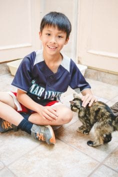 Boy petting kitten